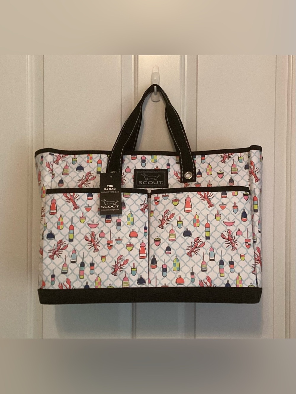 SCOUT White Nautical Buoy & Lobster Print Tote with Black Trim